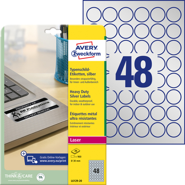 AVERY ZWECKFORM Typenschild Label 30mm L612920 silber,rund 960 Stück/20 Blatt