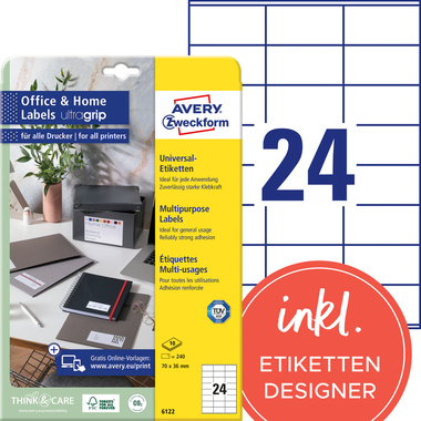 AVERY ZWECKFORM Etiketten 70x36mm 6122 weiss 240 Stk./10 Blatt