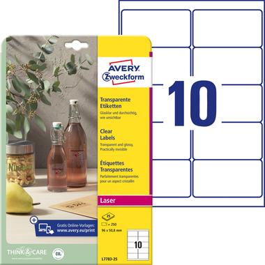AVERY ZWECKFORM Etiketten 96x50,8mm L7783-25 glasklar 250 Stück