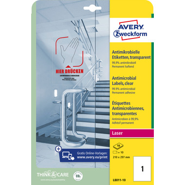 AVERY ZWECKFORM Etiketten L8011-10 Antimic. 210x297mm transp.
