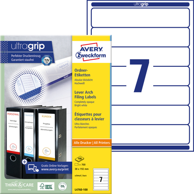 AVERY ZWECKFORM Etiquettes dorsales 192x38mm L4760-100 blanc 700 pcs./100 flls.