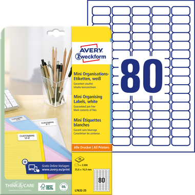 AVERY ZWECKFORM Etiquettes mini, blanc L7632-25 2000 psc./25 flls.