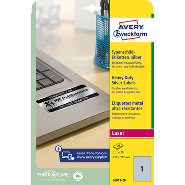 AVERY ZWECKFORM Typenschild-Labels 210x297mm L6013-20 silber,Laser 20 St./20 Blatt
