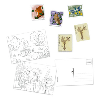 «Phila & Franco» stamp set for children, DE, 3/24 20-page set, 6 Stamps (postage value CHF 5.60, 1 cancelled, 5 mint), 3 Postcards