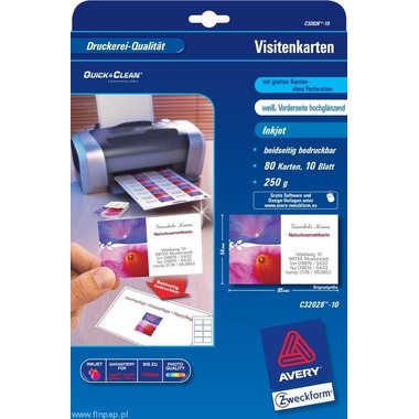 AVERY ZWECKFORM Prof. Visitenkarten InkJet A4 C32028-10 240g glossy doppels. 10 Blatt