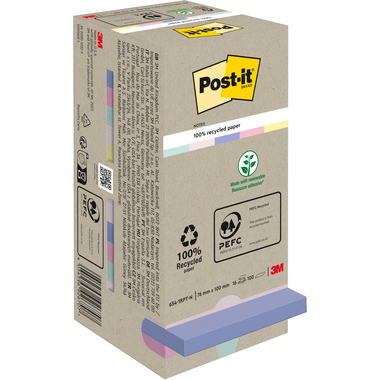 POST-IT Bloc-notes recycl. 76x76mm 654-1RPT 5-couleurs, 16x100 flls.