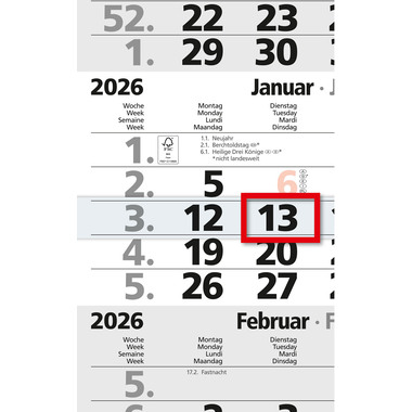 BÜHNER 4-Monatskalender 2026 M4MF-R-BLOCK ML 30x59cm