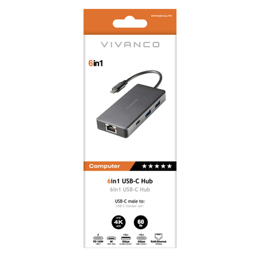 Hub USB-C 6 en 1, HDMI 4K, RJ45, Thunderbolt 3 | Vivanco