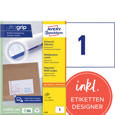 AVERY ZWECKFORM Etiquettes multi-us. 210x148mm 6135 blanc 200 pcs./200 flls.