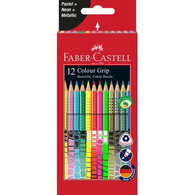 FABER-CASTELL Colour Grip 12er-Kartonetui 201569 4xPastell,4xNeon,4xMetallic