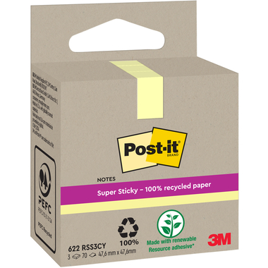 POST-IT SuperSticky Notes 47.6x47.6mm 622 RSS3CY Recycling,gelb 3x70 Blatt
