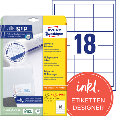 AVERY ZWECKFORM Étiquettes univers. 64x45mm 6171 blanc 540 pcs./25 + 5 flls.
