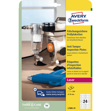 AVERY ZWECKFORM Prüfplaketten 30mm L7806-10 weiss, perm. 10 Bl.240Stk.