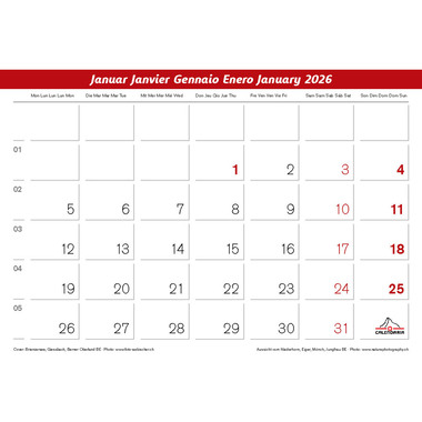 CALENDARIA Calendario 2026 9783036205168 Berner Oberland ML 31.5x23cm