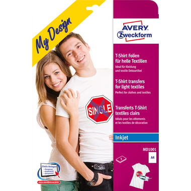 AVERY ZWECKFORM Textilfolie Iron-on A4 MD1001 Inkjet helle Textilien 5 Stk.