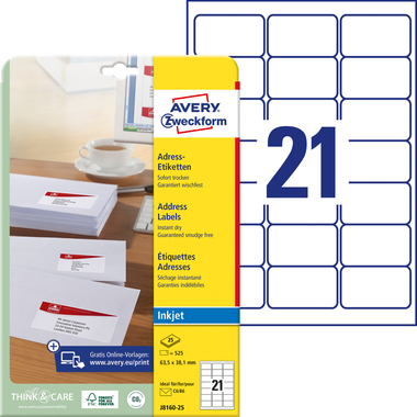 AVERY ZWECKFORM Etiquettes adress. 63,5x38,1mm J8160-25 blanc 525 pcs.