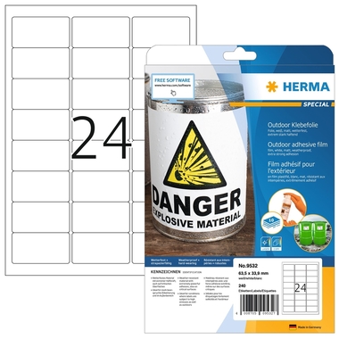 HERMA Outdoor Etikett.PP 63,5x33,9mm 9532 weiss 240 St./10 Blatt