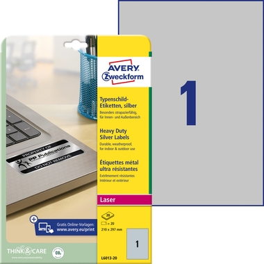 AVERY ZWECKFORM Typenschild-Labels 210x297mm L6013-20 silber,Laser 20 St./20 Blatt