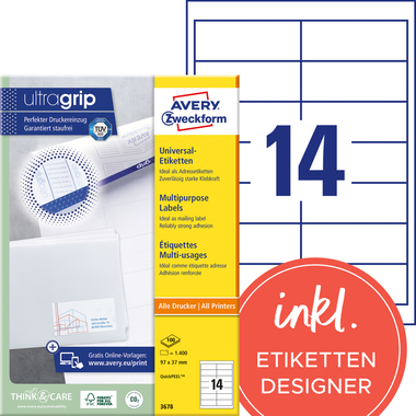 AVERY ZWECKFORM Etiketten 97x37mm 3678 weiss 1400 Stk./100 Blatt