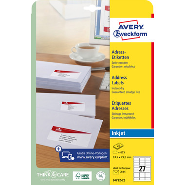 AVERY ZWECKFORM Adressetiketten 63,5x29,6mm J4792-25 InkJet, weiss 675 Stk./25 Bl.