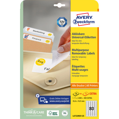 AVERY ZWECKFORM Universal-Etikett. 35.6x16.9mm L4732REV-25 weiss 2400 Stk./25 + 5 Blatt