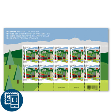 Briefmarken CHF 1.20 «150 Jahre Appenzeller Bahnen», Kleinbogen mit 10 Marken Bogen «150 Jahre Appenzeller Bahnen», gummiert, ungestempelt
