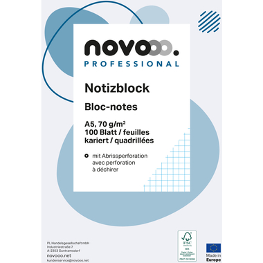 NOVOOO Notizblock weiss A5 694723 kariert 4mm, 70g 5x100 Blatt