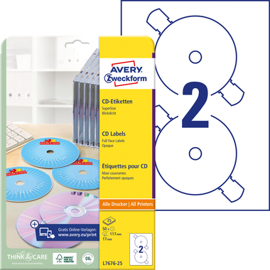 AVERY ZWECKFORM Étiqu. pour CD SuperSize 117mm L7676-25 blanc, permanent 25x2 pcs.