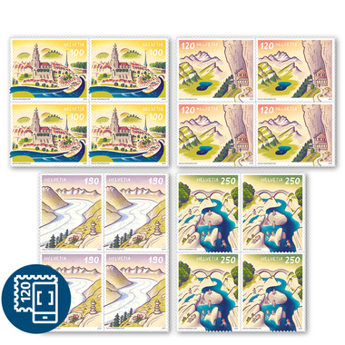 Viererblock-Serie «Schweizer Sehenswürdigkeiten» Viererblock-Serie (16 Marken, Taxwert CHF 26.40), selbstklebend, ungestempelt
