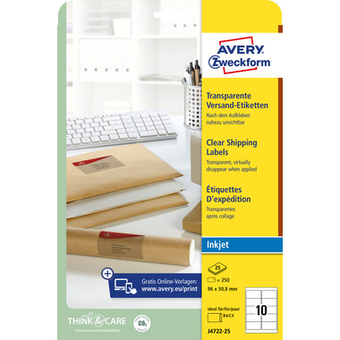 AVERY ZWECKFORM Etiquettes 96x50,8mm J4722-25 transparent 250 pcs.
