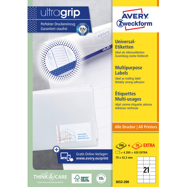 AVERY ZWECKFORM Etiketten 70x42,3mm 3652-200 weiss 4620 Stk./200+20 Blatt