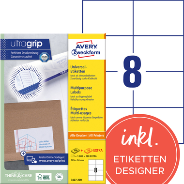 AVERY ZWECKFORM Etiquettes 105x74mm 3427-200 blanc 1760 pcs./200+20 flls.