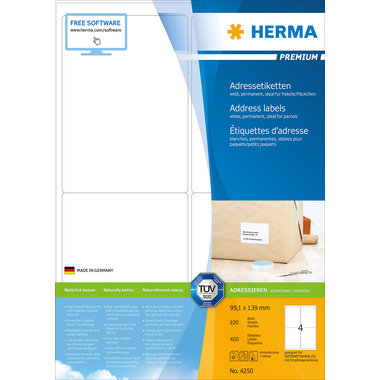 HERMA Etiketten PREMIUM 99.1x139mm 4250 weiss,perm. 400 St./100 Bl.
