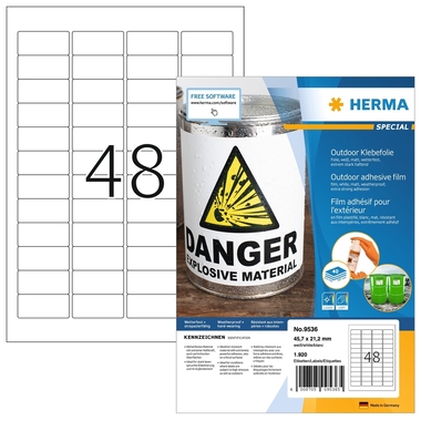 HERMA Folienetiketten 45,7x21,2mm 9536 weiss,PP matt 1920 Stk./40 Bl.