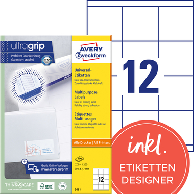 AVERY ZWECKFORM Etiketten 70×67,7mm 3661 weiss 1200 Stk./100 Blatt