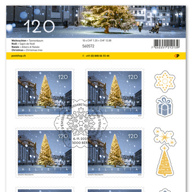 Stamps CHF 1.20 «Christmas tree», Sheet with 10 stamps Sheet «Christmas», self-adhesive, cancelled
