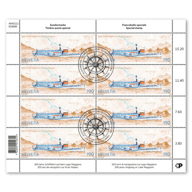 Stamps CHF 1.90 «200 years shipping on Lake Maggiore», sheet with 8 stamps Sheet «200 years shipping on Lake Maggiore» gummed, cancelled