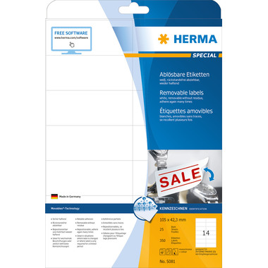 HERMA Etiketten Ablösbar 63,5x46,6mm 4203 weiss, non-perm. 450 St./25Bl.