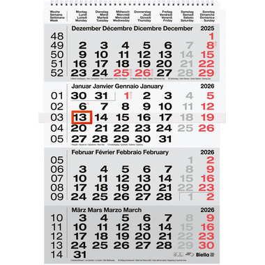 BIELLA 4-Monatskalender Wire-O 2026 889040000026U 4M/1S grau ML 31x47cm