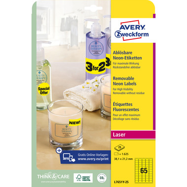 AVERY ZWECKFORM Etiketten 38,1x21,2mm L7651Y-25 gelb 1625 Stück