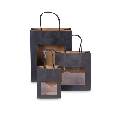 Gift carrier bag with window & cord in black 220x110x280mm