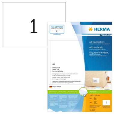 HERMA Etiketten PREMIUM 148.5x205mm 8690 weiss,perm. 400 St./400 Bl.