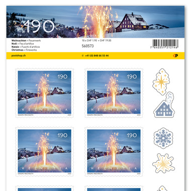 Timbres CHF 1.90 «Feu d’artifice», Feuille de 10 timbres Feuille «Noël», autocollant, non oblitéré