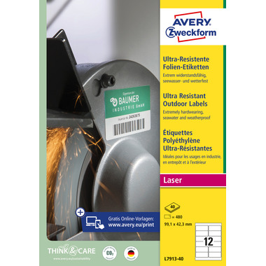 AVERY ZWECKFORM Etiketten 99.1x42.3mm L7913-40 weiss,ultra-resistent 40 Blatt