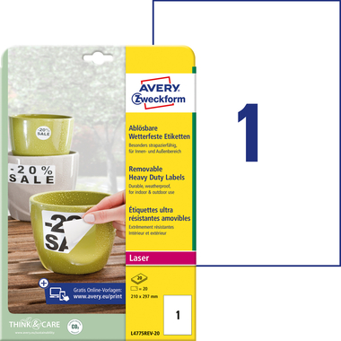 AVERY ZWECKFORM Etichette foglia 210x297mm L4775REV2 bianco,non perm. 20/20 fl.