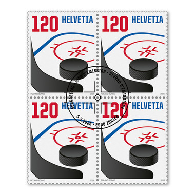 Viererblock «Eishockey-Weltmeisterschaft 2026» Viererblock (4 Marken, Taxwert CHF 4.80), selbstklebend, gestempelt