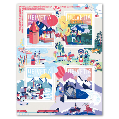 Stamps CHF 1.00/1.20/1.90/2.50 «Swiss attractions», Special sheet with 4 stamps Sheet «Swiss attractions», self-adhesive, mint