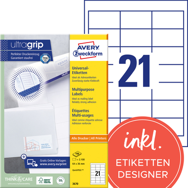 AVERY ZWECKFORM Etiketten 64x36mm 3670 weiss 2100 Stk./100 Blatt