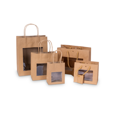 Geschenktragetasche mit Sichtfenster in braun 220x110x280mm