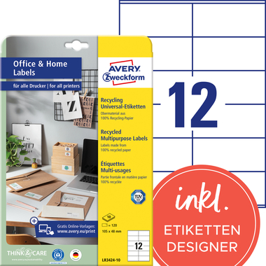 AVERY ZWECKFORM Etiketten 48x105mm LR3424-10 weiss, perm. 10 Blatt/12 Stk.